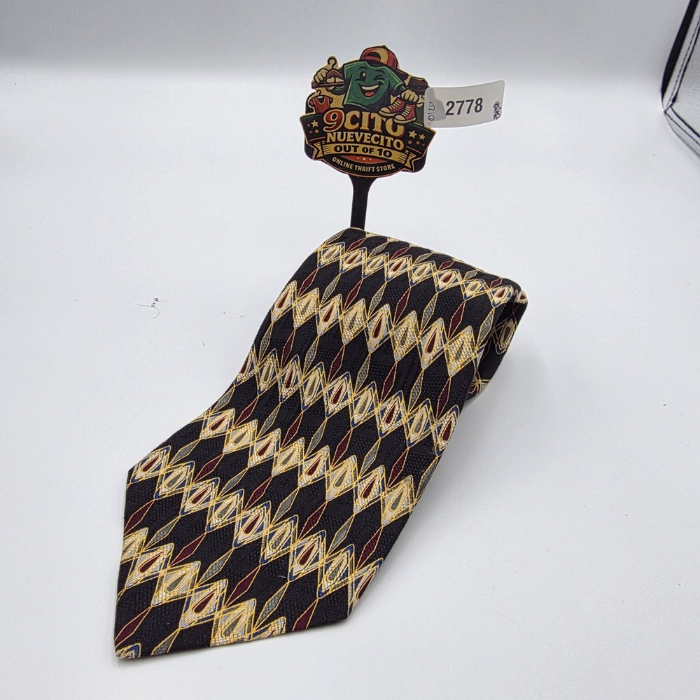 XMI Mens Silk Necktie Black Gold Geometric Diamond Hand Made USA 4 Inch Width